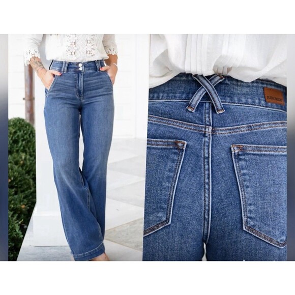 Judy Blue Denim - Judy Blue Any Time Any Place Wide Leg Jeans Light Wash Size 14 31 Stretch Boho